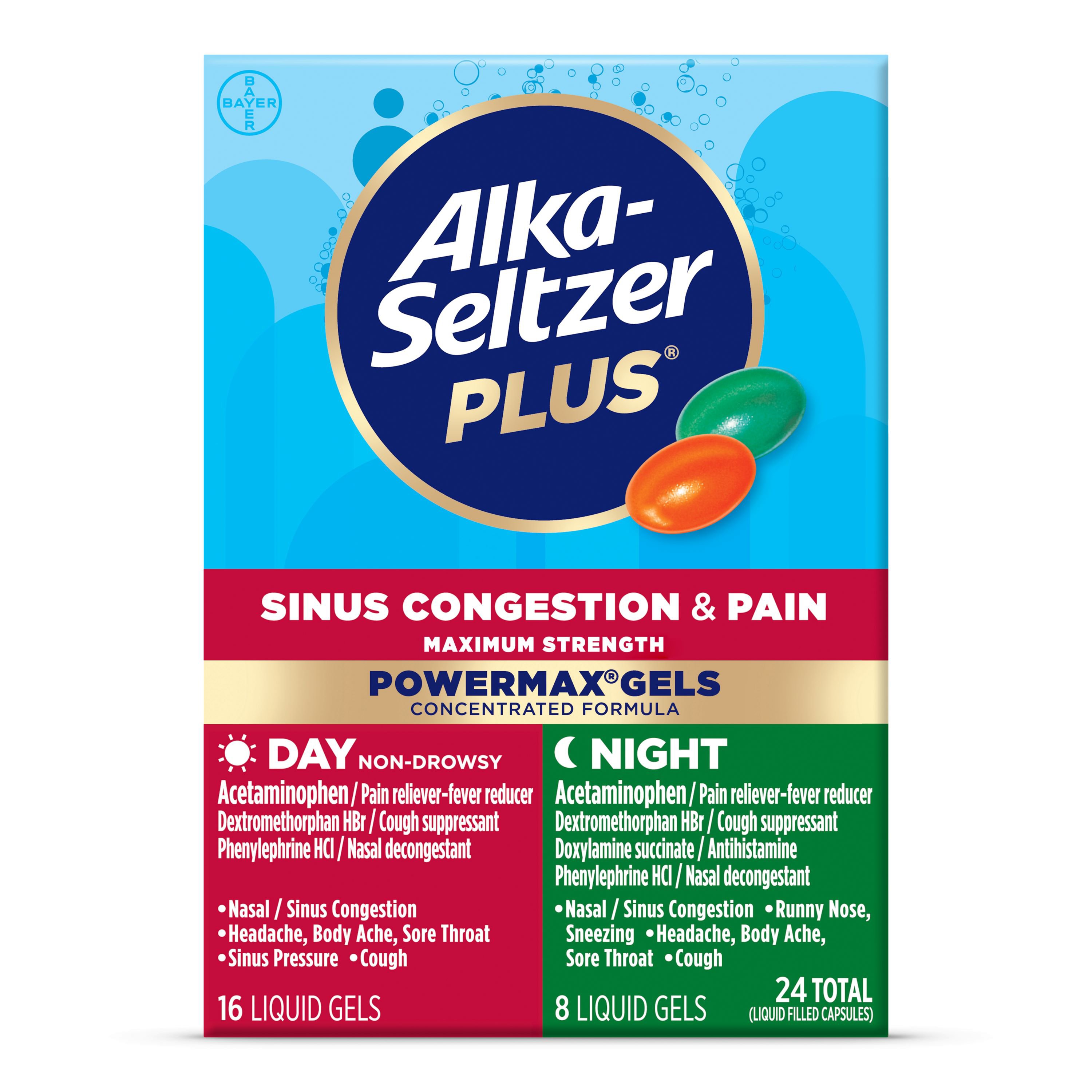 Alka-Seltzer Plus Day + Night Sinus Congestion & Pain PowerMax Gels ...