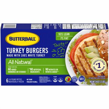 Butterball Frozen All Natural White Meat Turkey Burgers, 6 ct