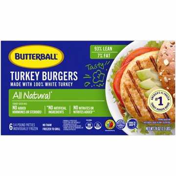 Butterball Frozen All Natural White Meat Turkey Burgers, 6 ct