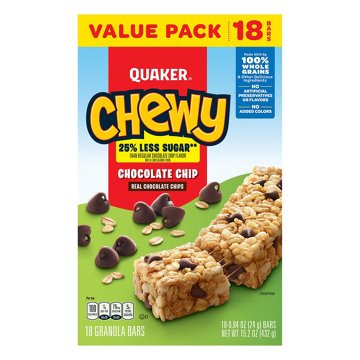 Quaker Less Sugar Chewy Chocolate Chip Granola Bars - Value Pack, 18 ct
