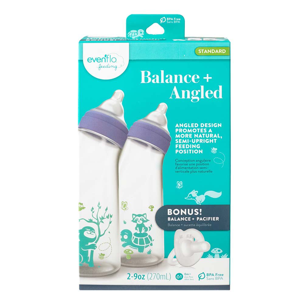 Evenflo Feeding Balance + Angled Standard Neck Bottle 5oz 6pk with Balance + Pacifier Sample