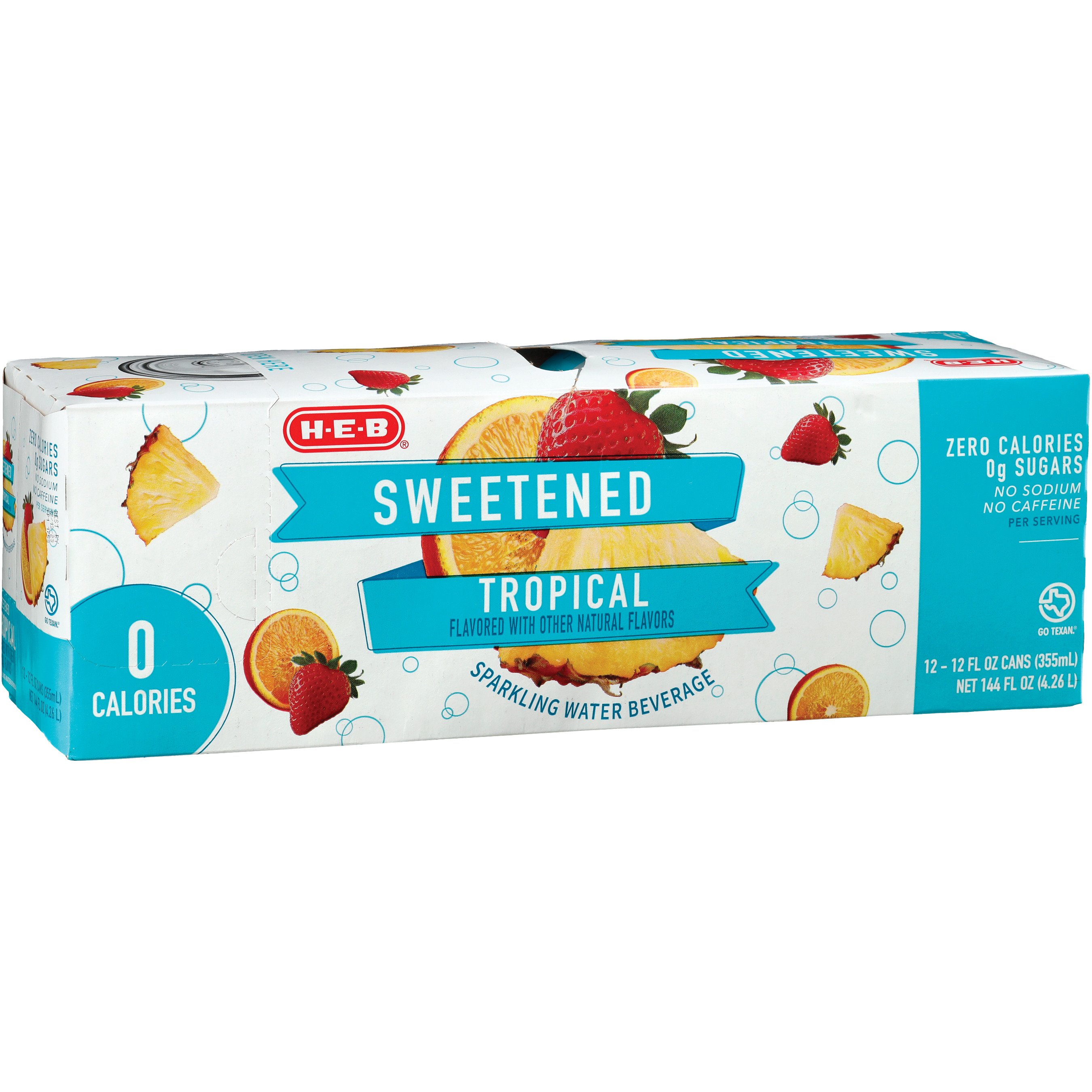 H-E-B Sweetened Tropical Sparkling Water 12 pk Cans, 12 oz