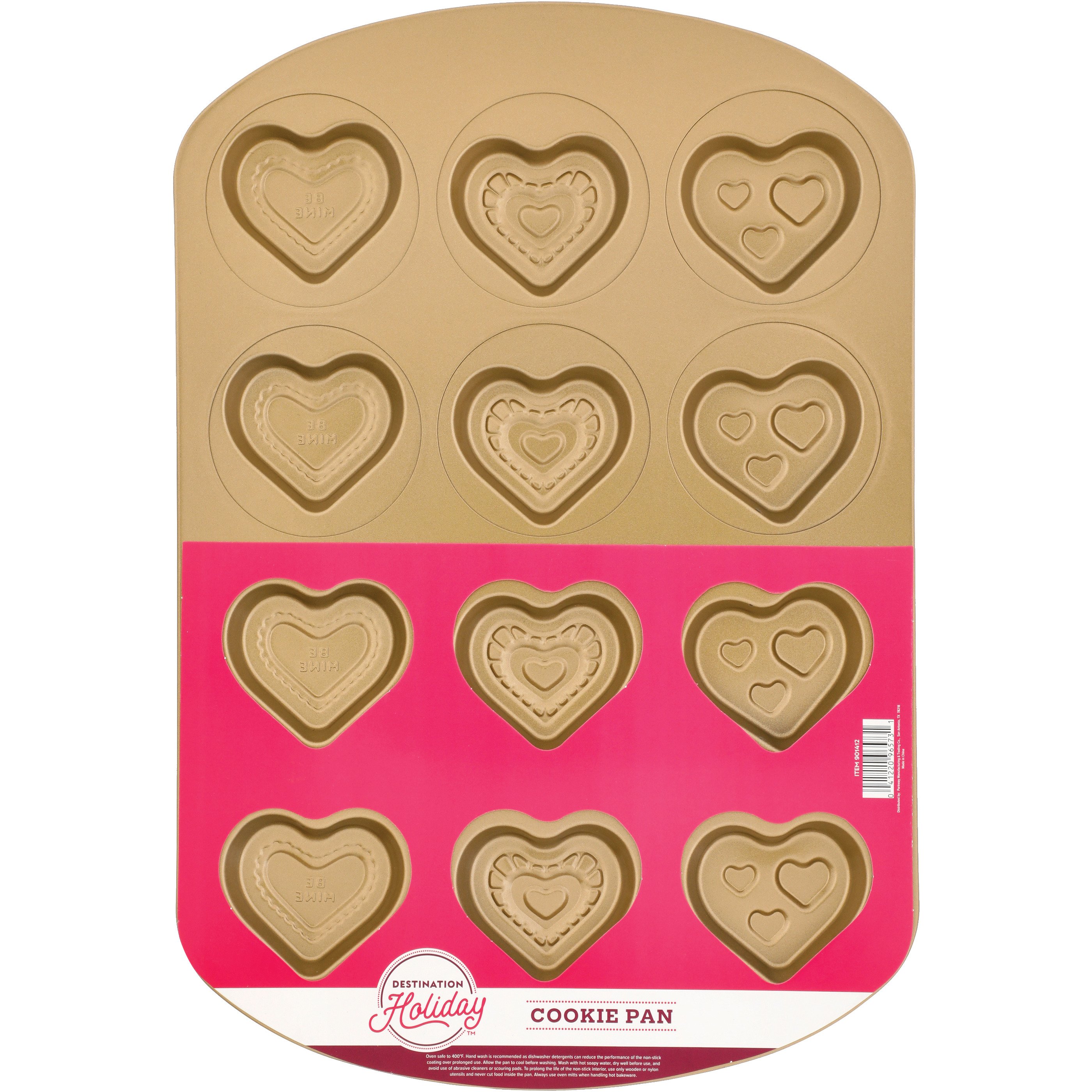 Destination Holiday 12 Cavity Hearts Non Stick Valentine Cookie Pan Gold