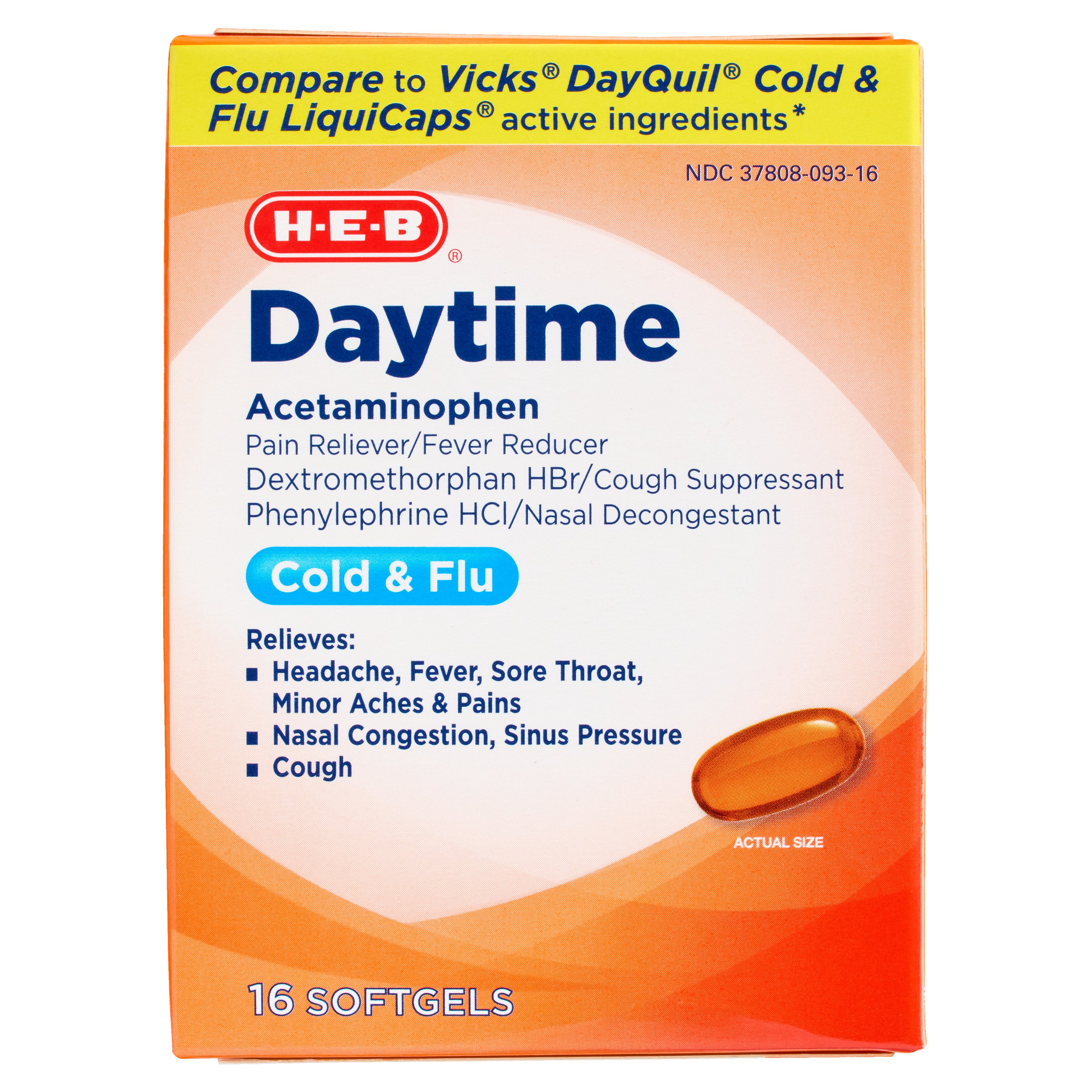 H-E-B Daytime Acetaminophen Cold & Flu Softgels, 16 ct