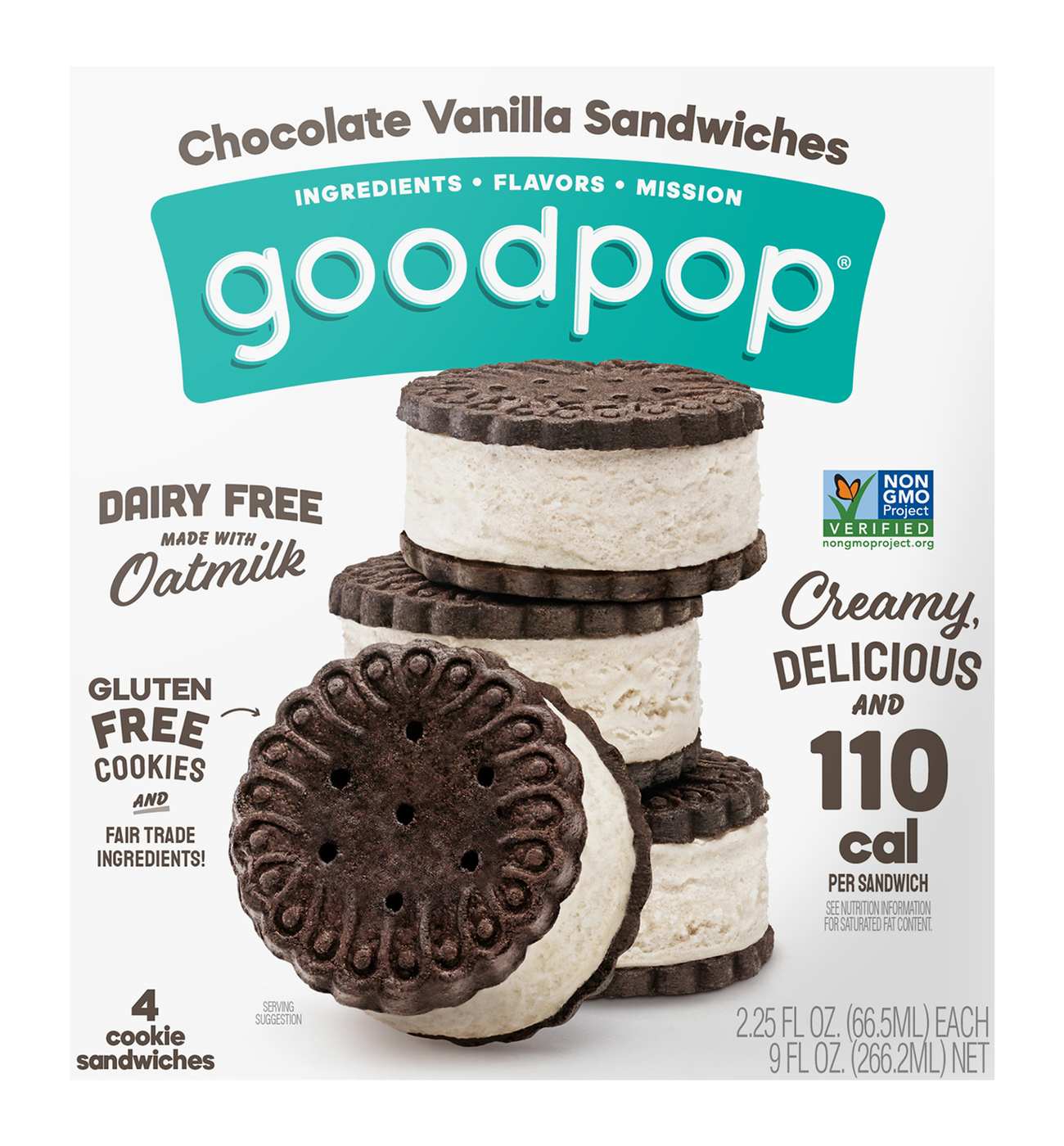 GoodPop Dairy Free Oatmilk Chocolate Vanilla Cookie Sandwiches; image 1 of 3