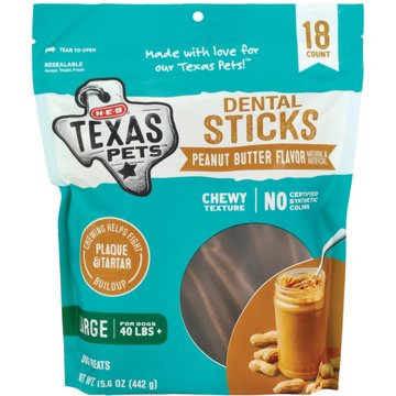 H-E-B Texas Pets Peanut Butter-Flavored Dental Sticks - Large Dogs, 18 ct