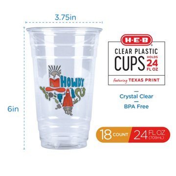 H-E-B 24 oz Clear Plastic Cups – Texas "Howdy" Design, 18 ct