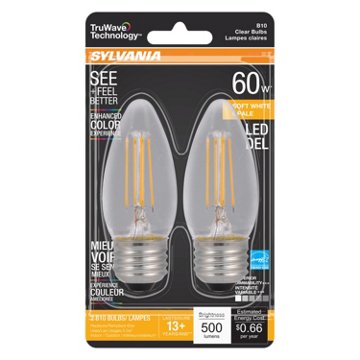Sylvania TruWave B10 60-Watt Clear LED Light Bulbs - Soft White, 2 pk