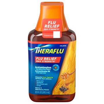 Theraflu Max Strength Daytime Flu Medicine for Flu Symptom Relief with Acetaminophen and Dextromethorphan HBr, Honey and Elderberry Flavored