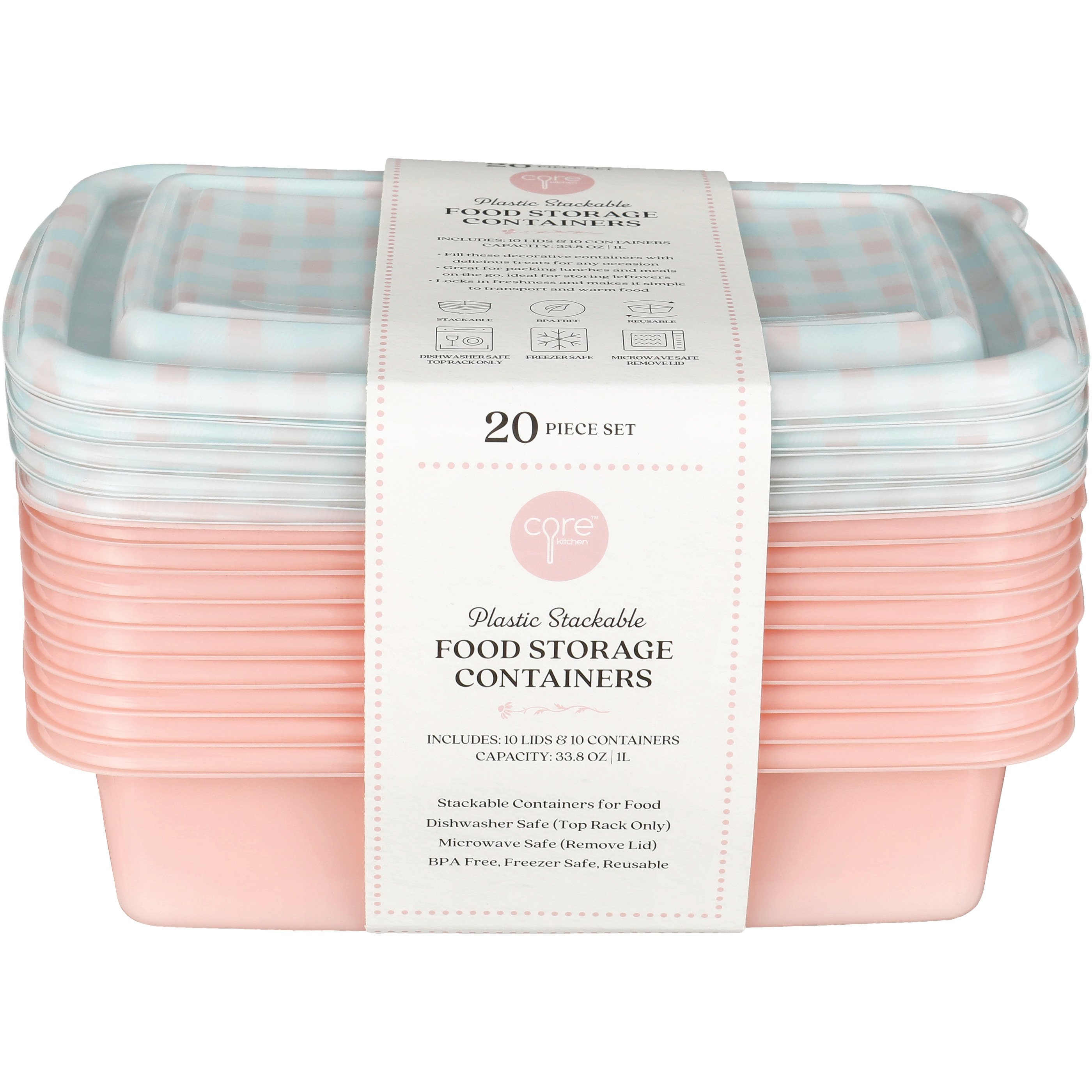 Core Kitchen Stackable Food Storage Containers with Lids - Pink Plaid, 10 pk