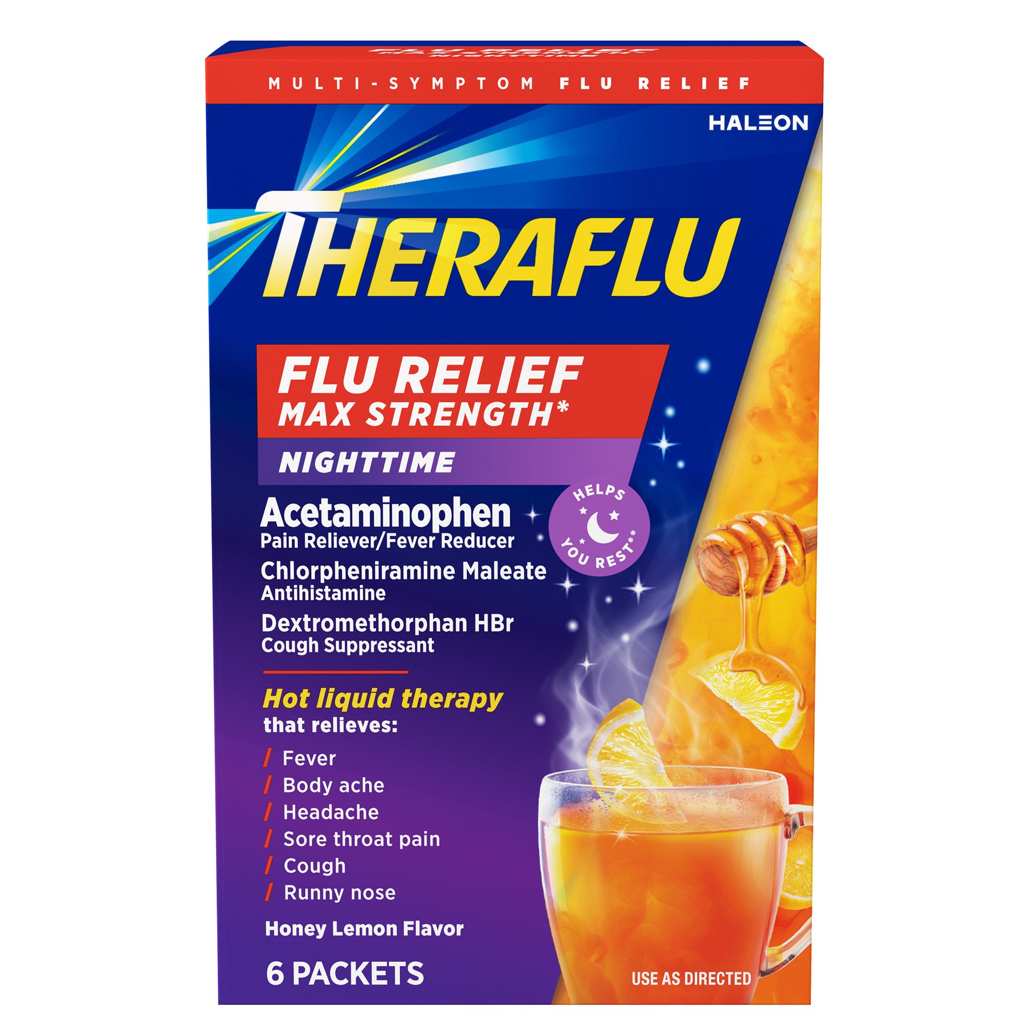 Theraflu Max Strength Nighttime Flu Medicine for Flu Symptom Relief with Acetaminophen, Dextromethorphan HBr, and Chlorpheniramine Maleate, Honey Lemon Flavored, 6 ct