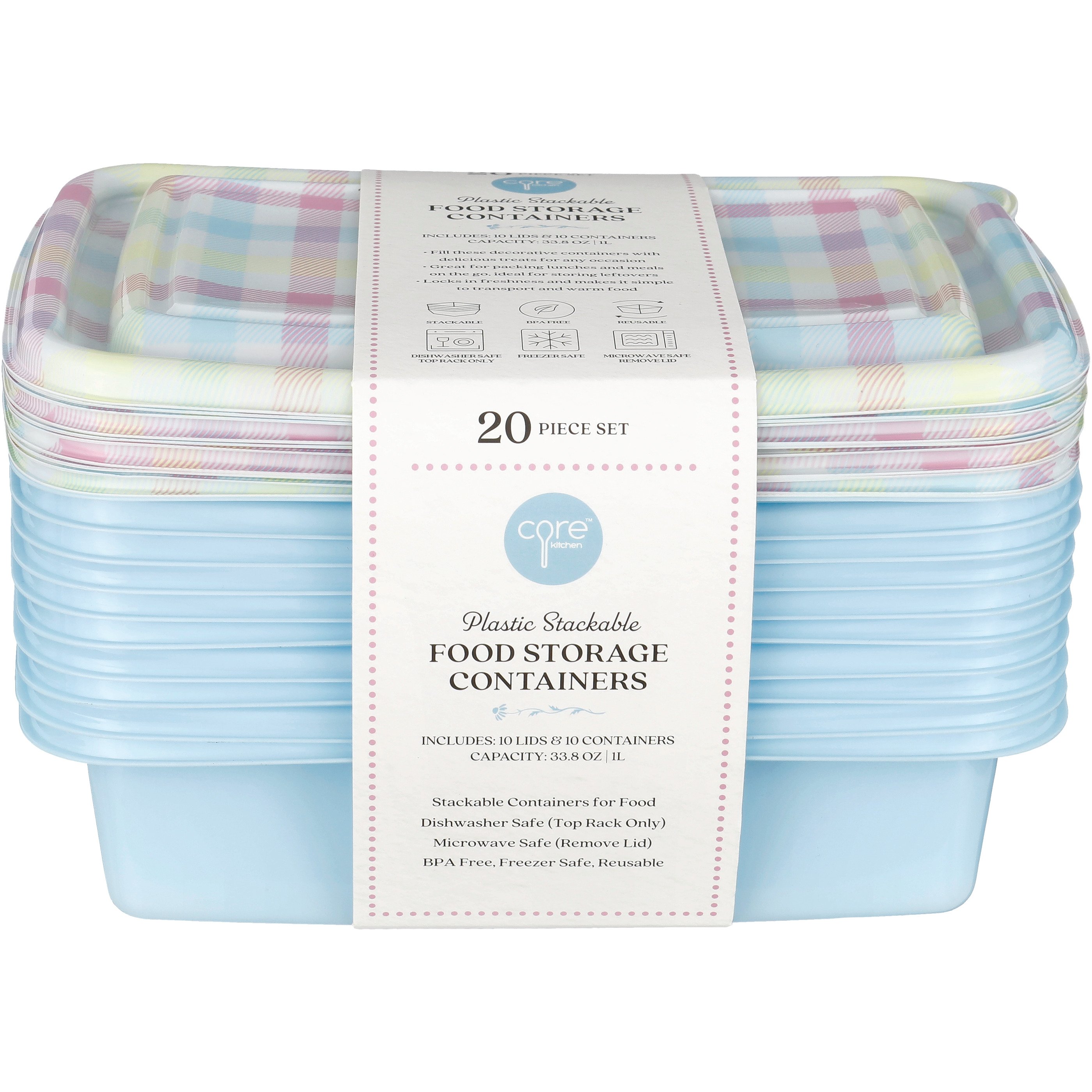 Core Kitchen Stackable Food Storage Containers with Lids Blue Plaid