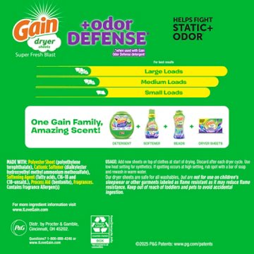 Gain + Odor Defense Fabric Softener Dryer Sheets - Super Fresh Blast, 105 ct