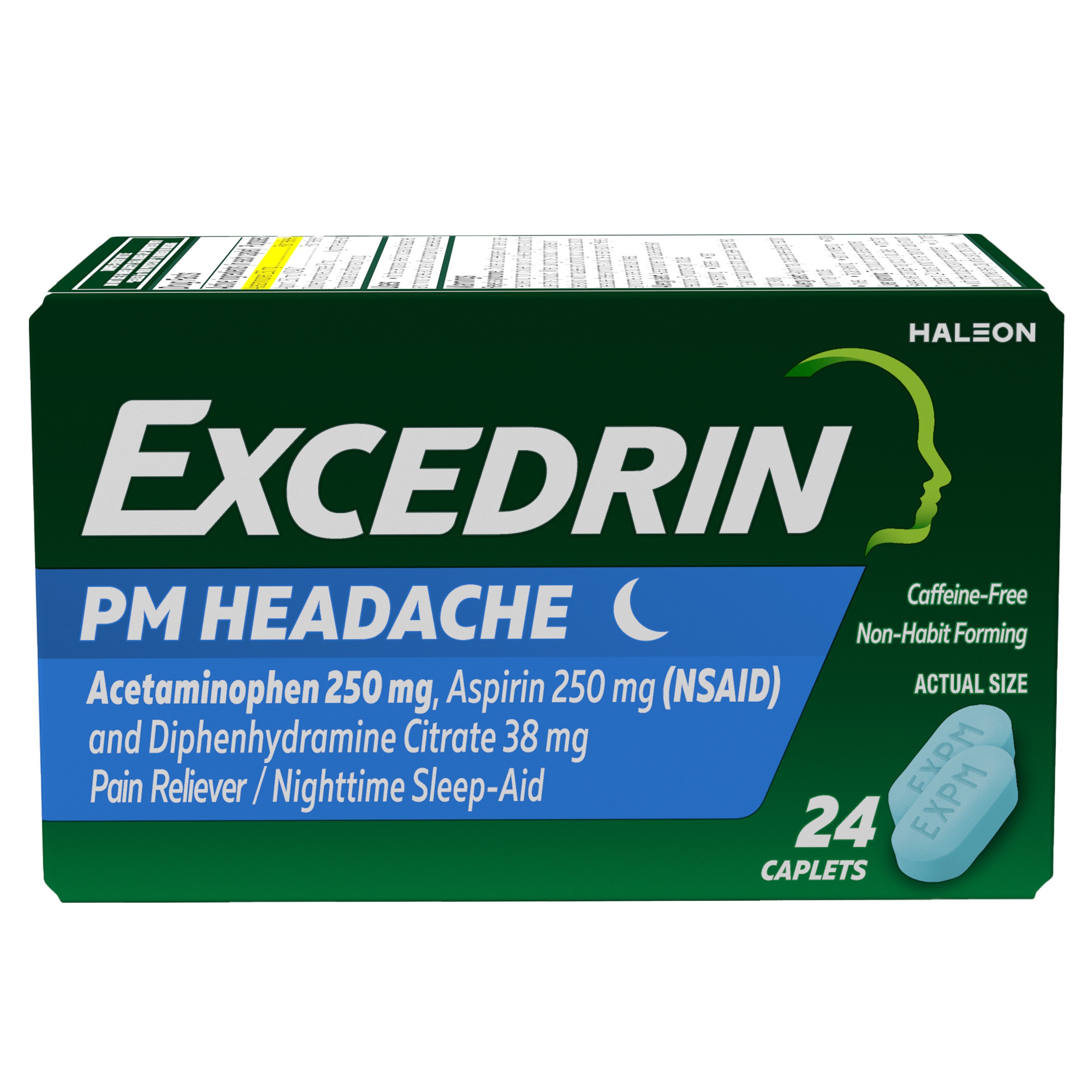 Excedrin PM for Headache Relief, Acetaminophen 250mg, Aspirin 250mg, Diphenhydramine Citrate 38mg, Pain Reliever, Nighttime Sleep-Aid, 24 ct