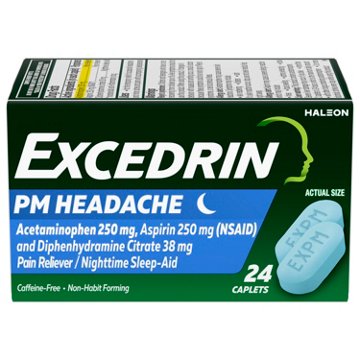 Excedrin PM for Headache Relief, Acetaminophen 250mg, Aspirin 250mg, Diphenhydramine Citrate 38mg, Pain Reliever, Nighttime Sleep-Aid