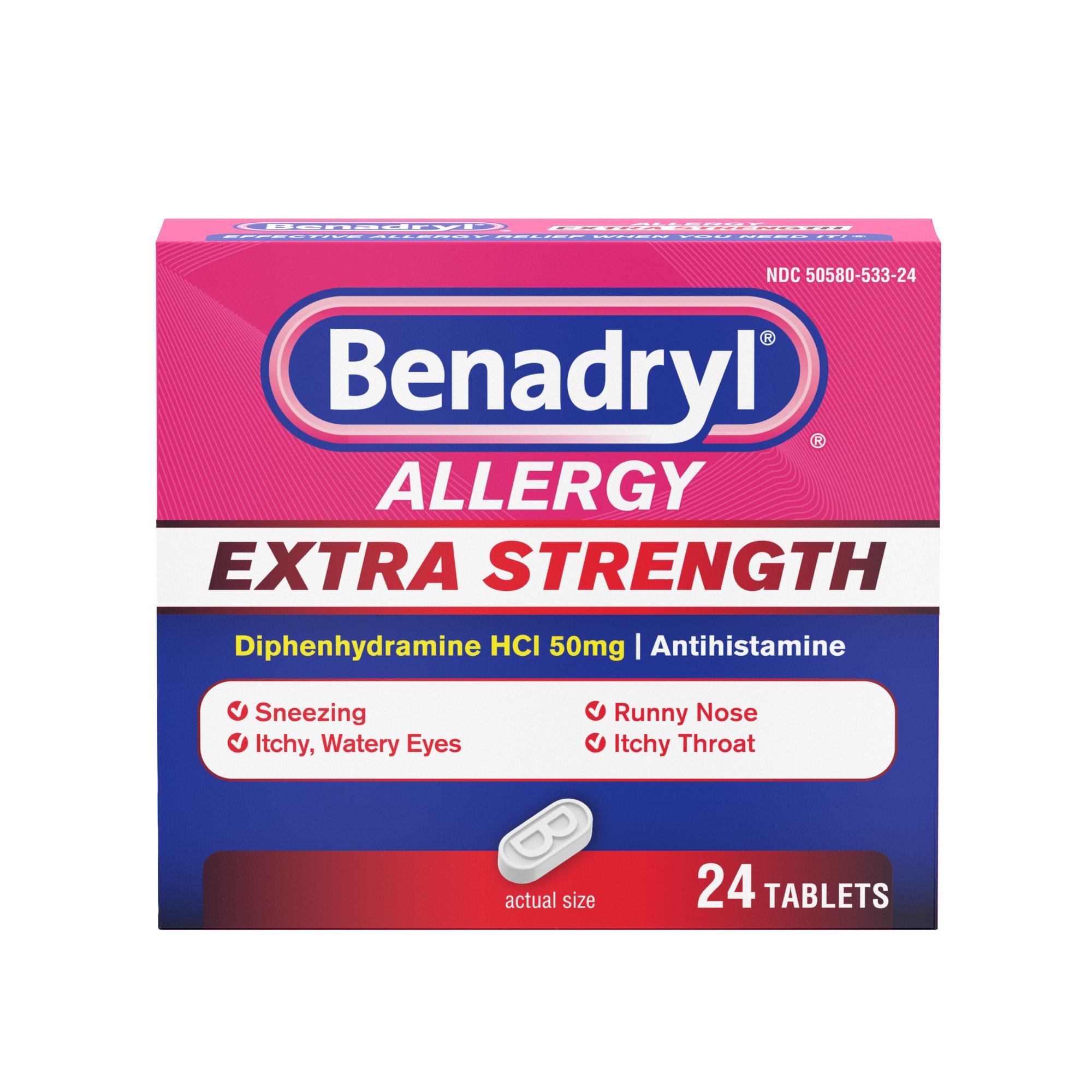 Benadryl Extra Strength Antihistamine Allergy Tablets, 24 ct