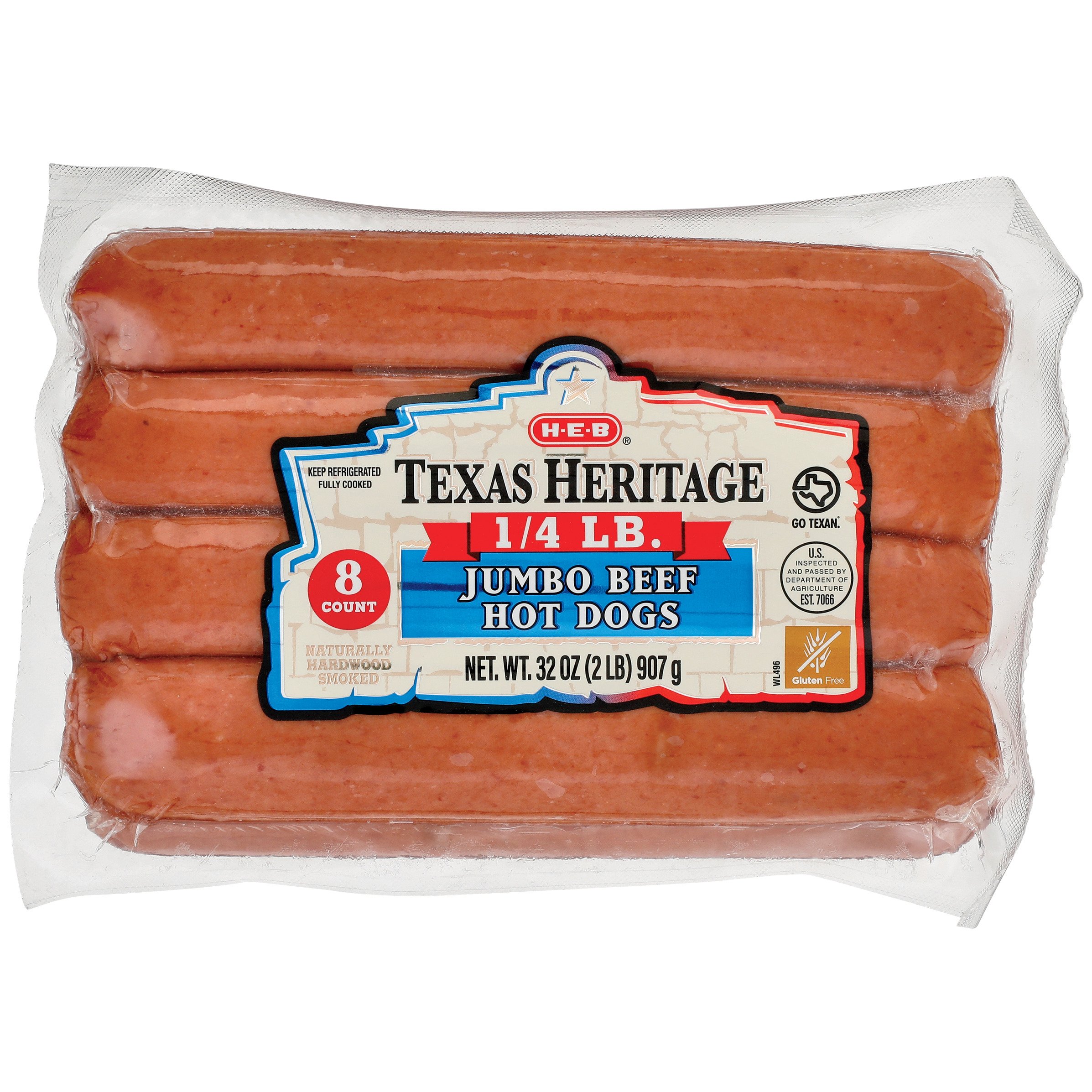 H-E-B Texas Heritage Jumbo Beef Hot Dogs - 1/4 lb, 8 ct