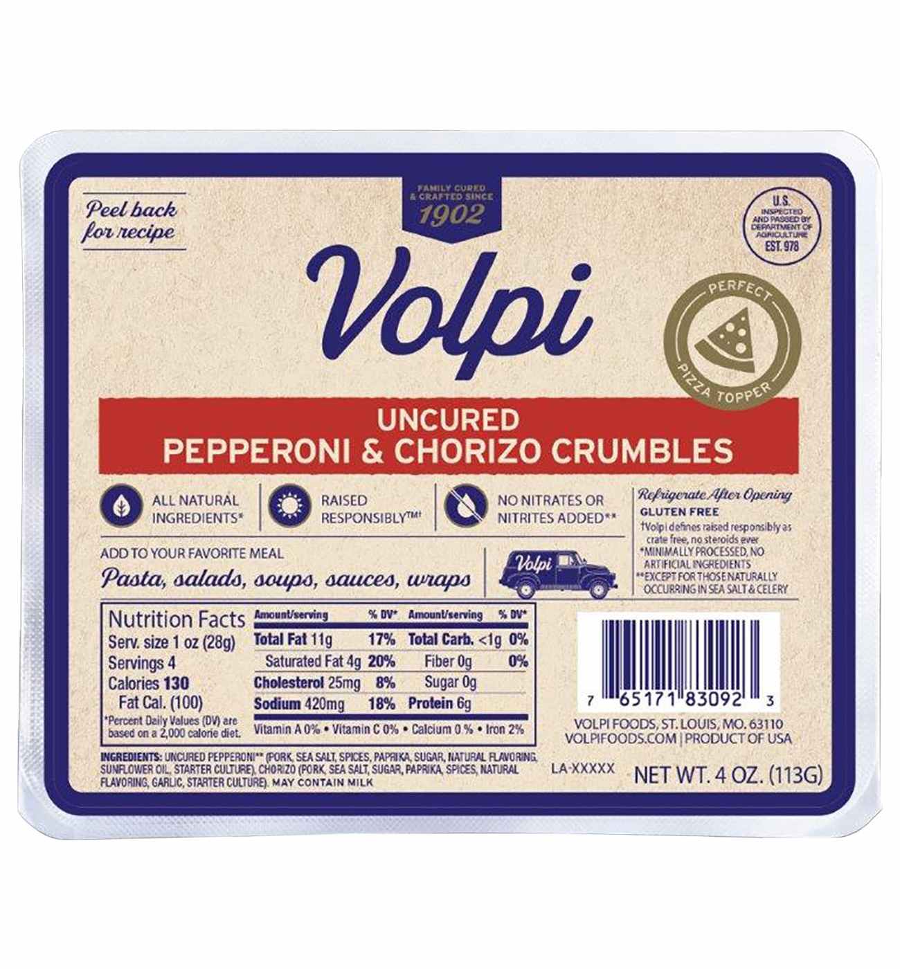 Volpi Uncured Pepperoni & Chorizo Crumbles; image 1 of 2