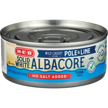 H-E-B Pole & Line Solid White Albacore Tuna in Water - No Salt Added, 5 oz