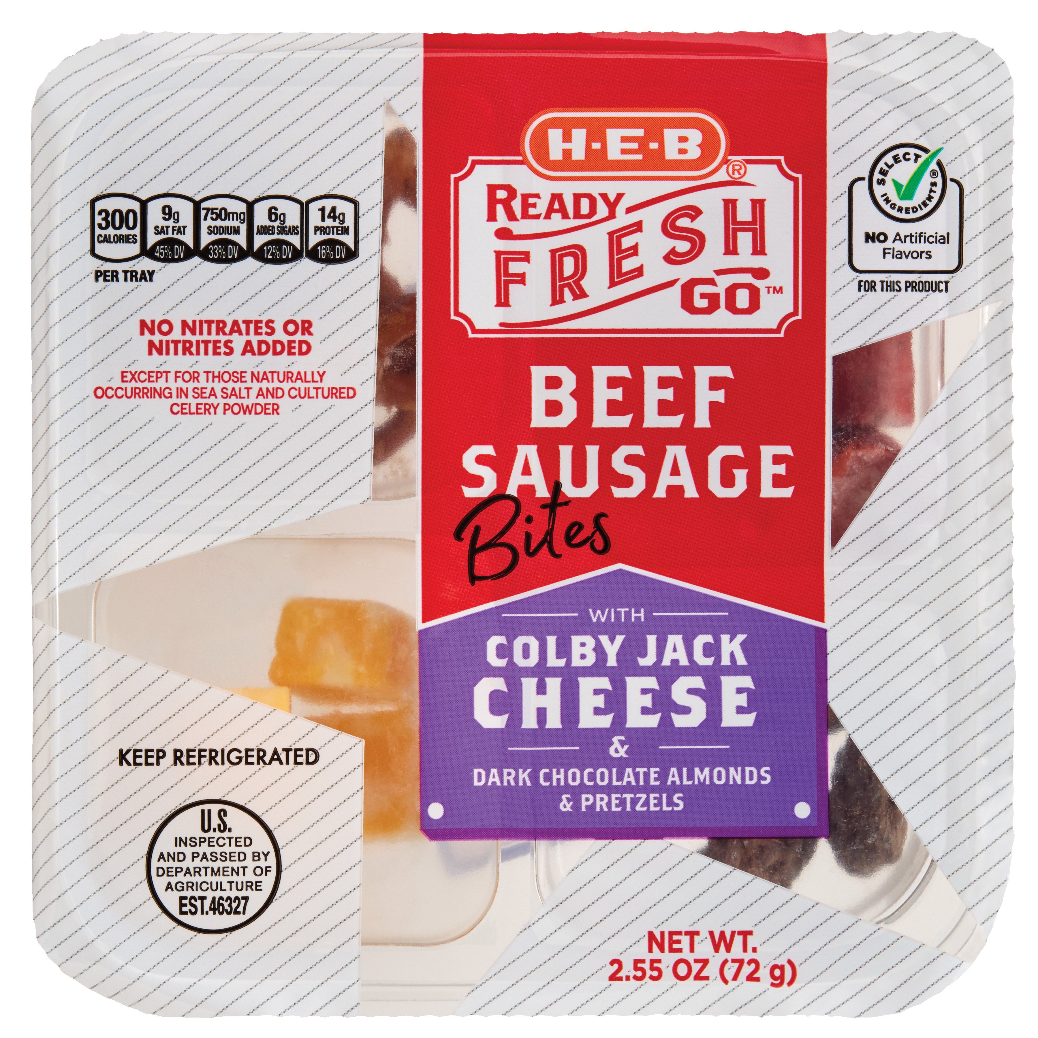 H-E-B Ready, Fresh, Go! Snack Tray - Beef Sausage Bites, Colby Jack, Dark Chocolate Almonds & Pretzels, 2.55 oz