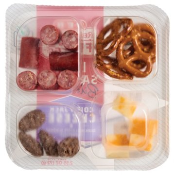 H-E-B Ready, Fresh, Go! Snack Tray - Beef Sausage Bites, Colby Jack, Dark Chocolate Almonds & Pretzels, 2.55 oz