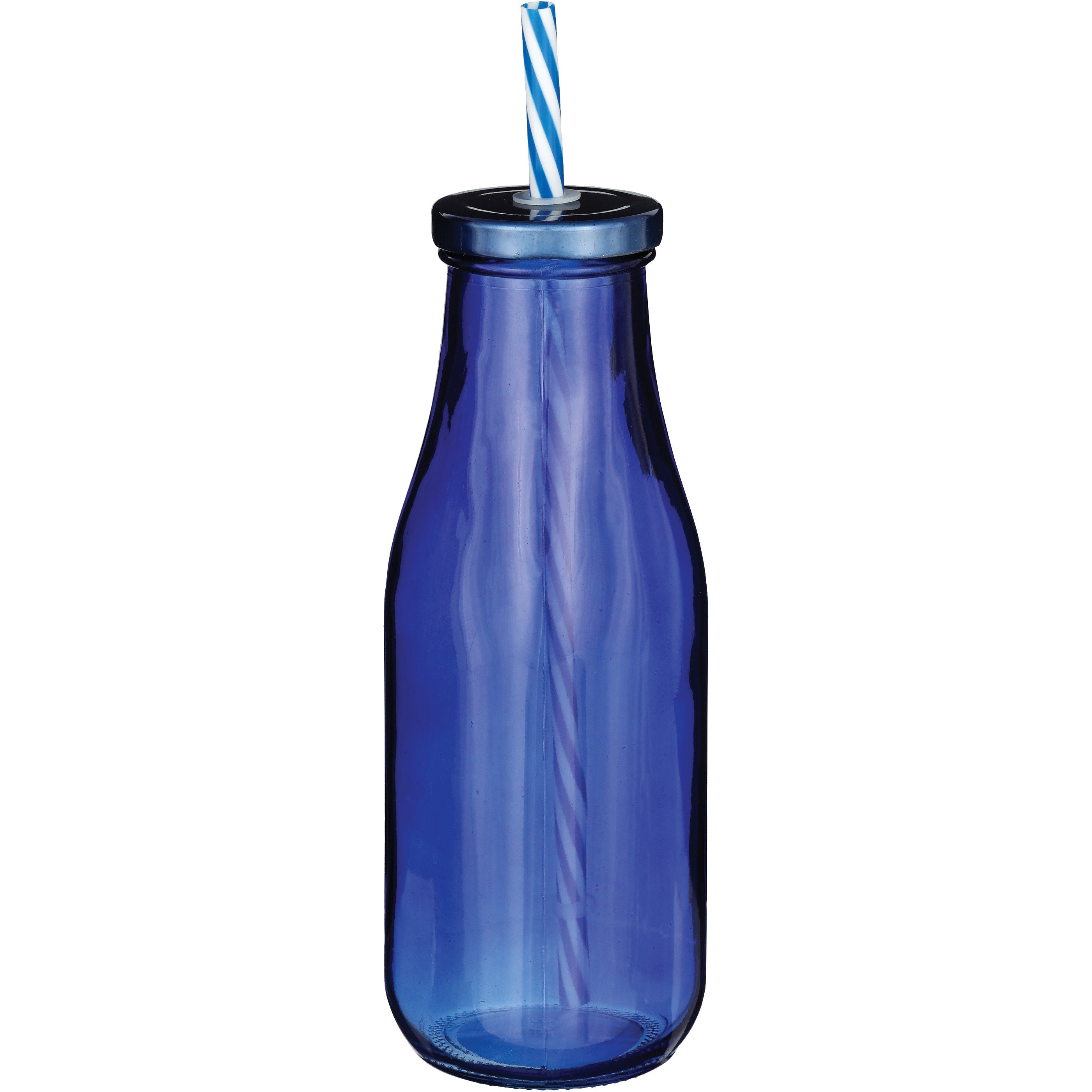 Destination Holiday Summer Milk Bottle Glass with Straw Blue Shop
