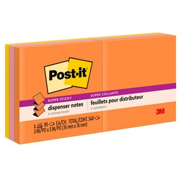 Post-it Super Sticky Dispenser Notes - Energy Boost Collection, 540 Ct, 3" x 3"