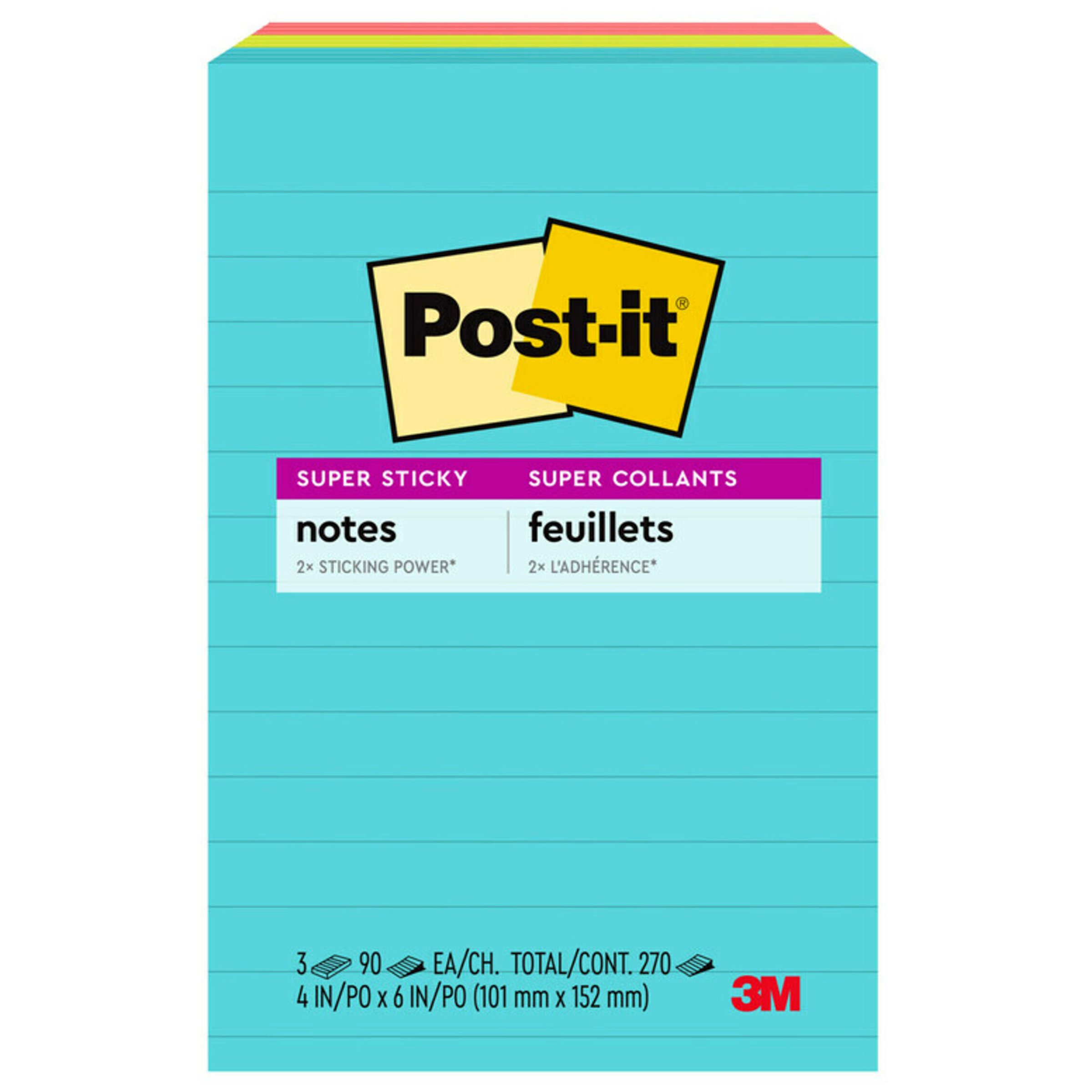 Post-It Super Sticky Notes, 4x 6,Lined - Miami Colors (3 pack)