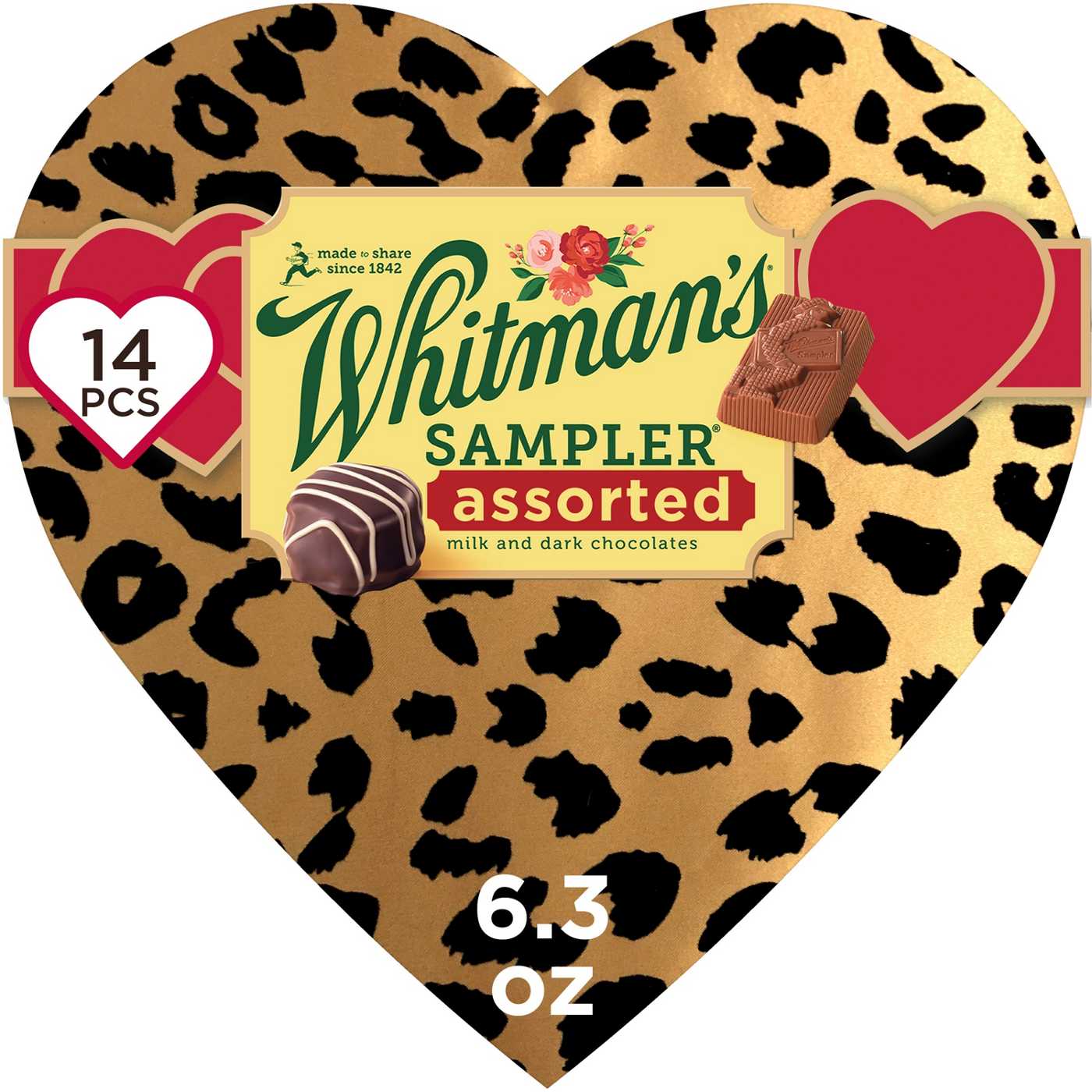 Whitman's Sampler Assorted Chocolates Cheetah Print Valentine's Heart Gift Box, 14 pc; image 1 of 7