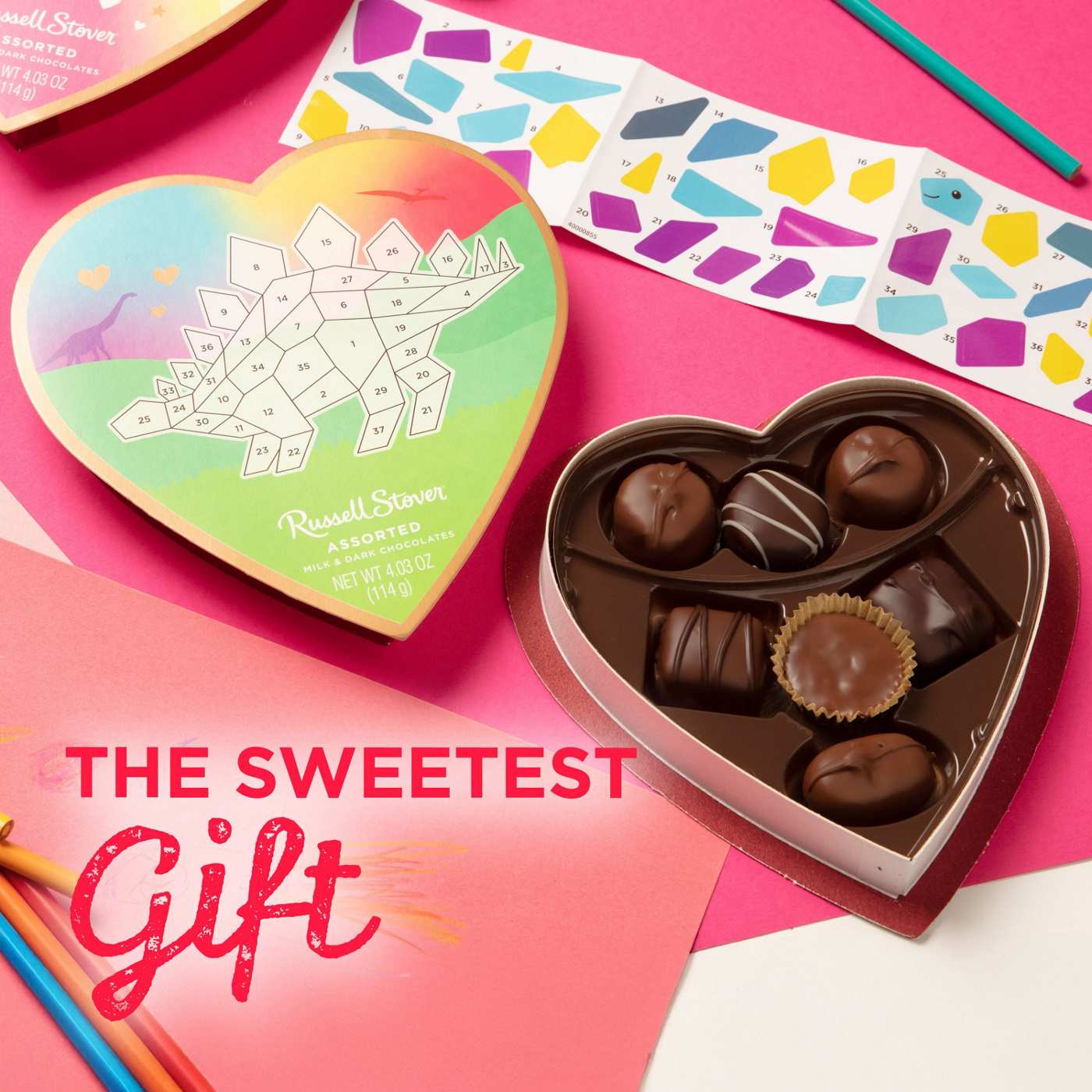 Russell Stover Color by Sticker Dino Assorted Chocolates Valentine's Heart Gift Box, 7 pc; image 2 of 7