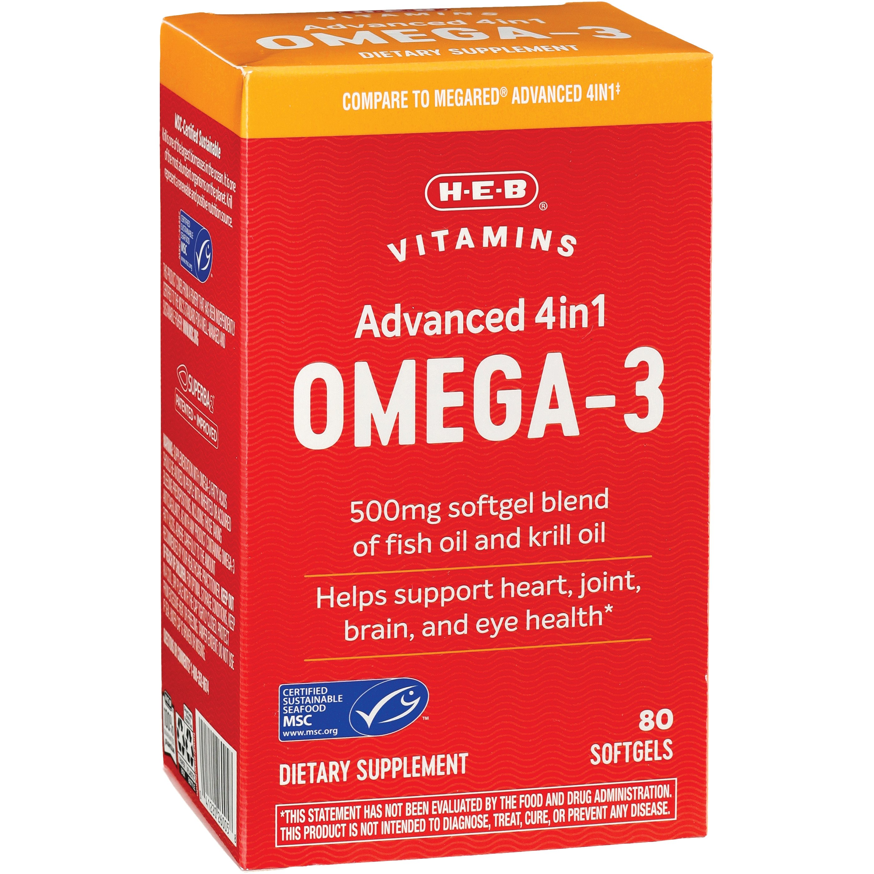 H-E-B Vitamins Omega-3 Fish & Krill Oil 500mg Softgels, 80 ct