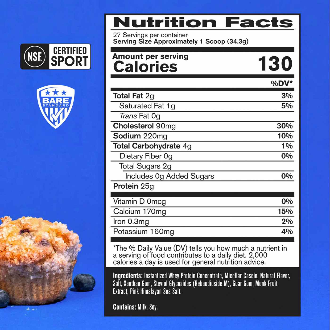 Bare Performance Nutrition Whey 25g Protein Powder - Blueberry Muffin ...