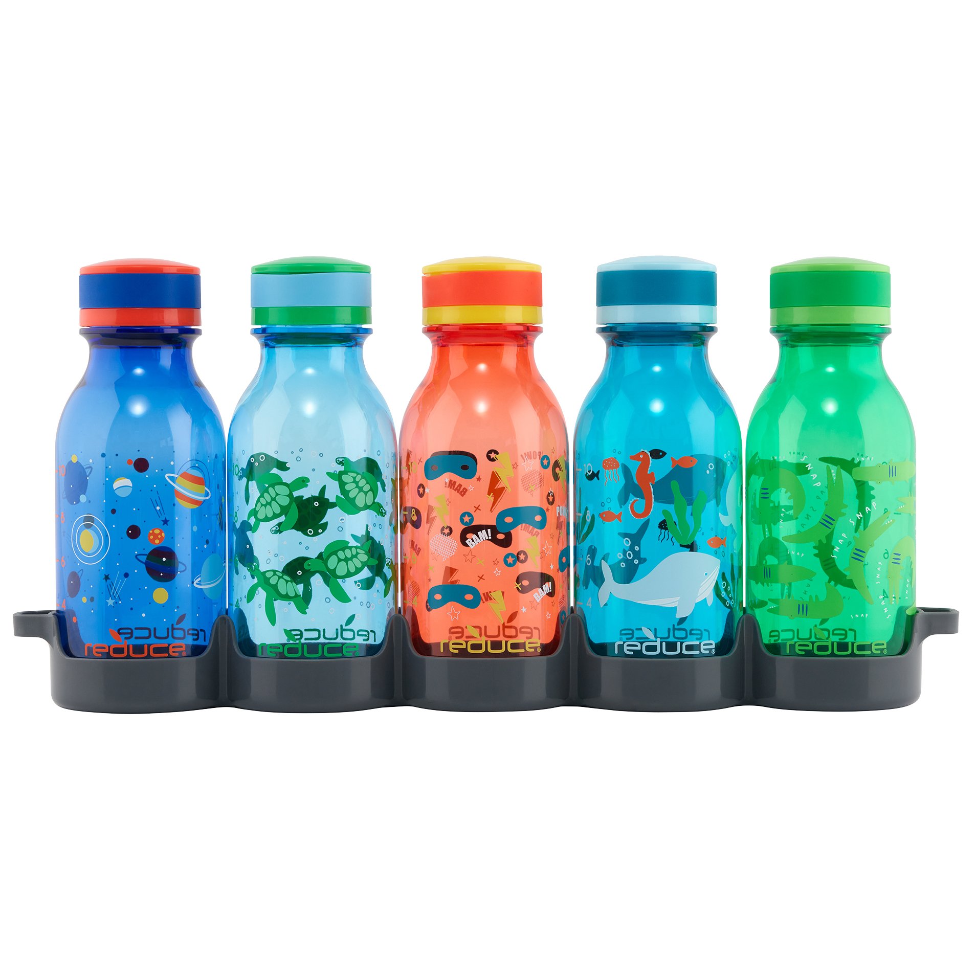 Reduce WaterWeek Refillable Kids Water Bottles, 14 oz - Includes 5  WaterWeek Leak Proof Tritan Reusable Water Bottles - Includes Fridge Tray  For Your Reduce Water Bottles - Berry Fun 