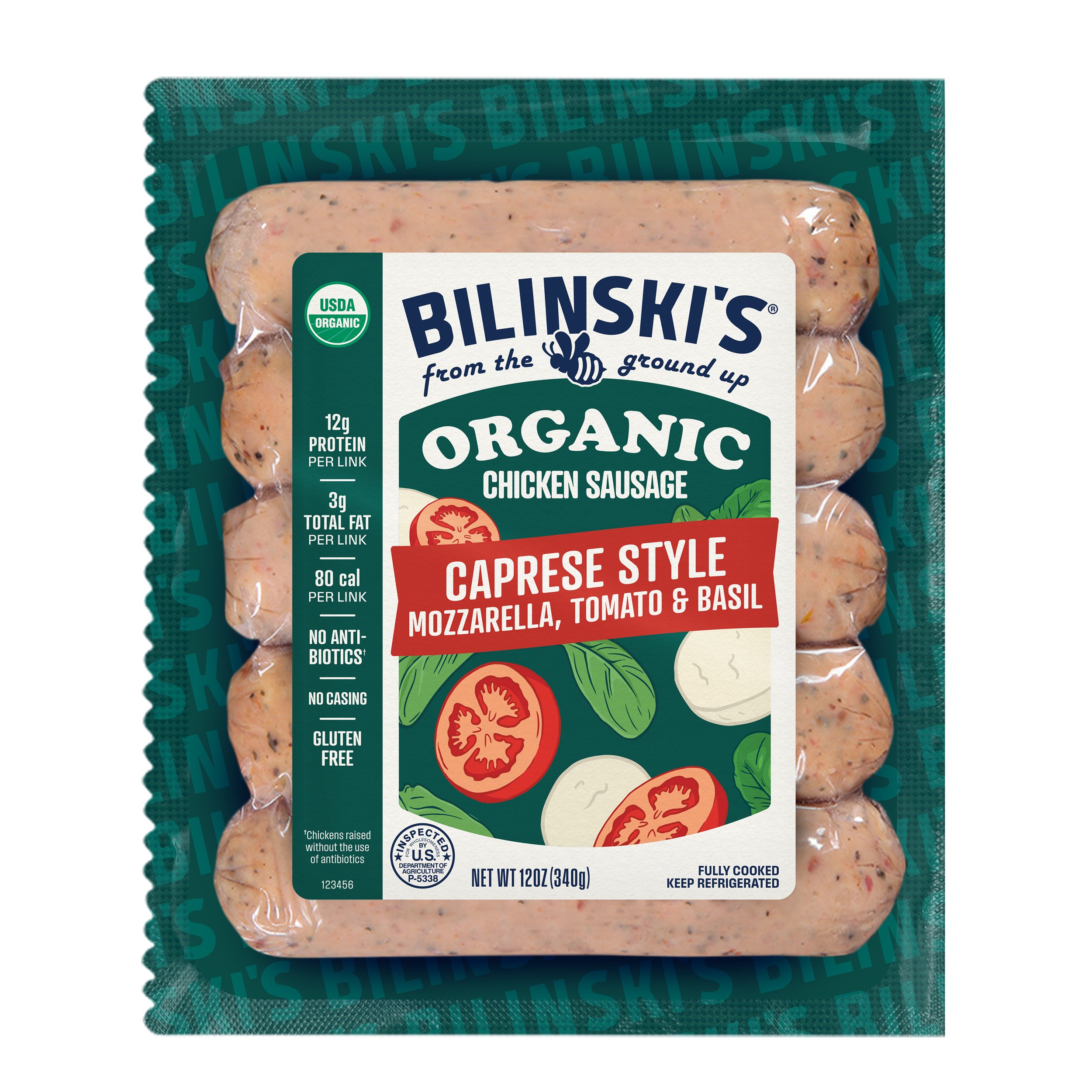 BILINSKI'S Organic Chicken Sausage Links - Caprese Style Tomato Basil & Mozzarella, 5 ct