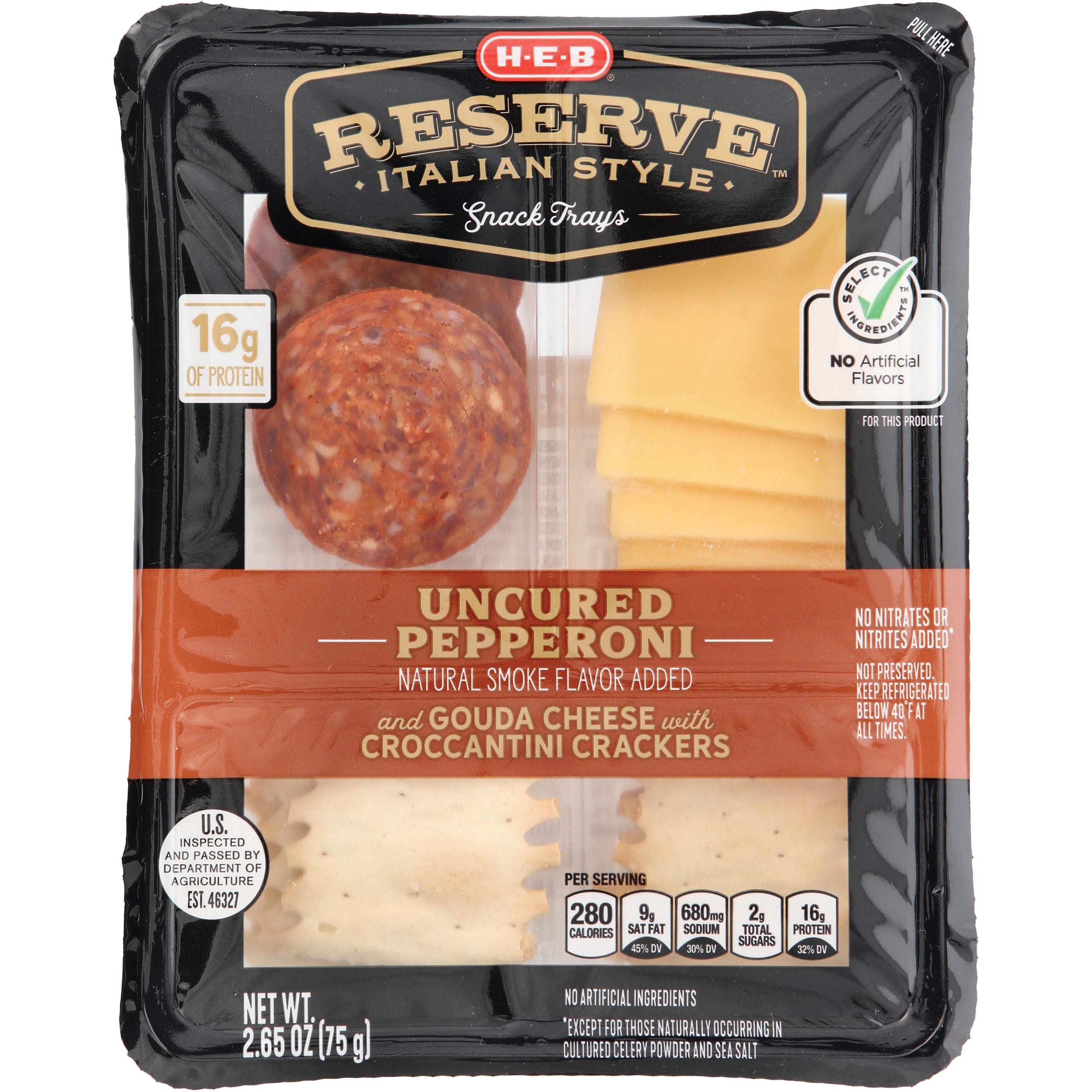 H-E-B Reserve Italian Style Snack Tray - Uncured Pepperoni & Gouda Cheese, 2.65 oz