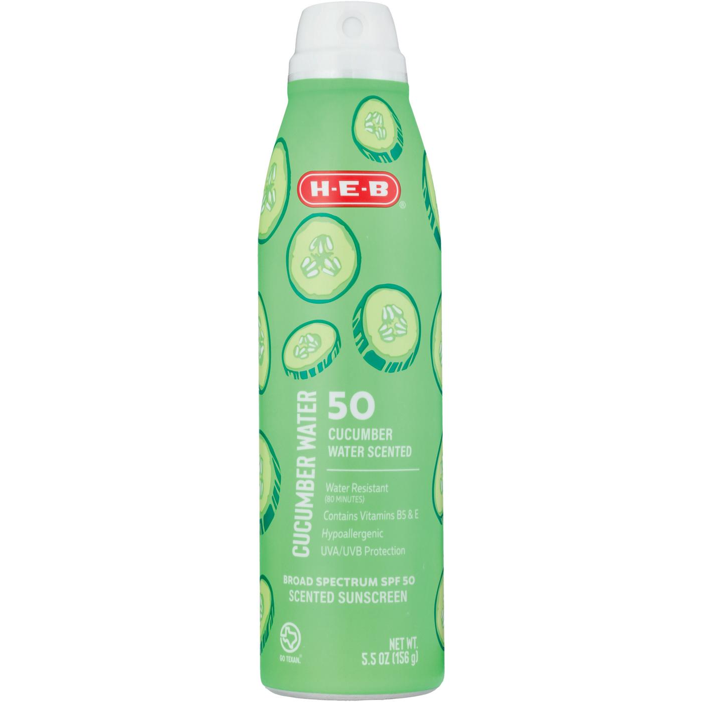 H-E-B Oxybenzone Free Cucumber Water Sunscreen Spray – SPF 50; image 1 of 3