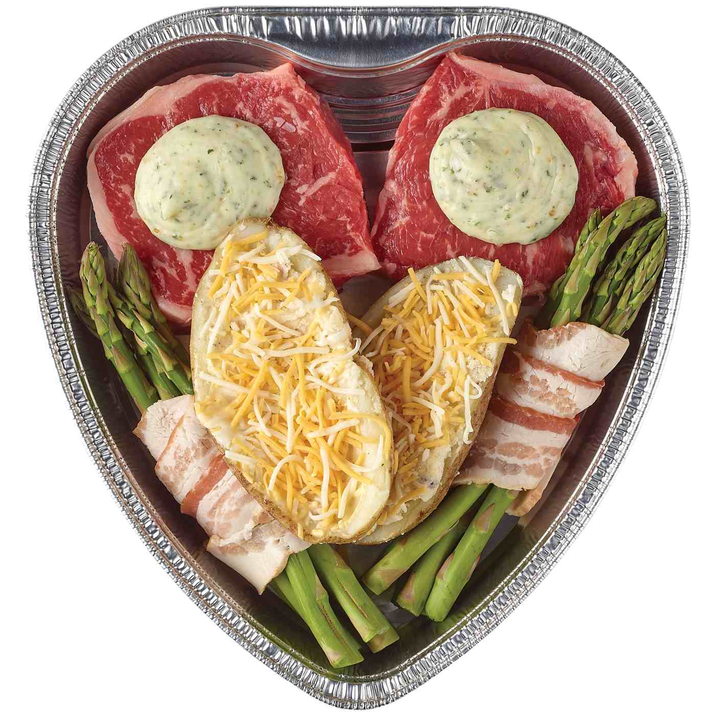 Meal Simple by H-E-B New York Strip Steaks, Loaded Potatoes & Bacon-Wrapped Asparagus Dinner for Two; image 1 of 4