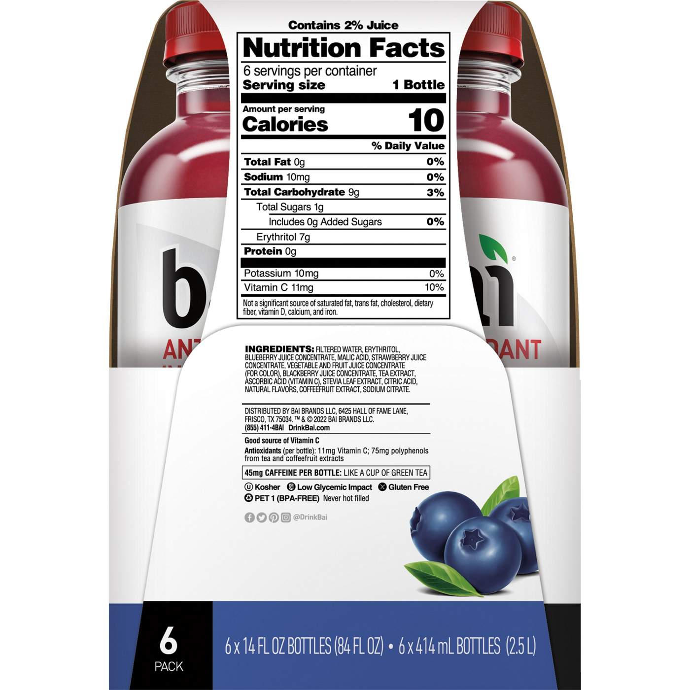 Bai Antioxidant Infusion Brasilia Blueberry Beverage 14 oz Bottles