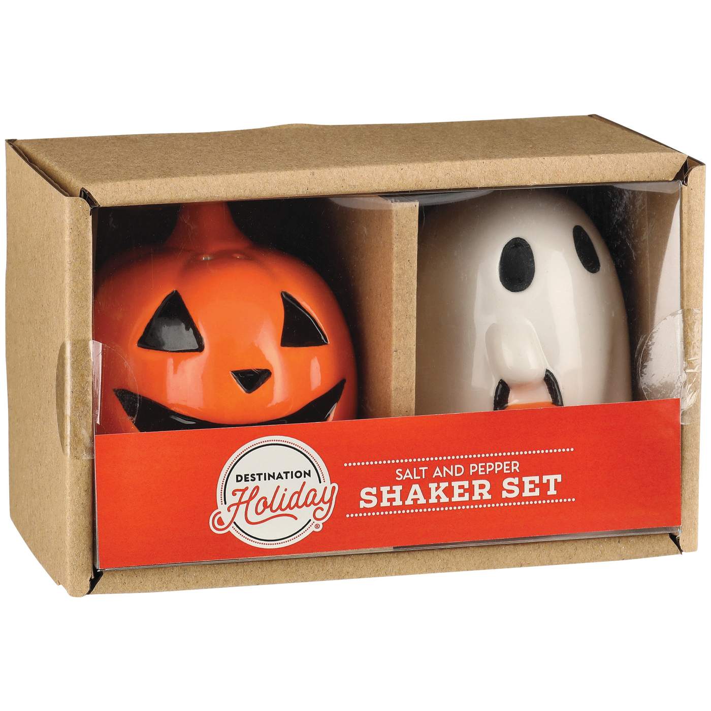 Destination Holiday Costumed Ghost & Jack-o'-lantern Ceramic Salt & Pepper Shaker Set; image 1 of 2