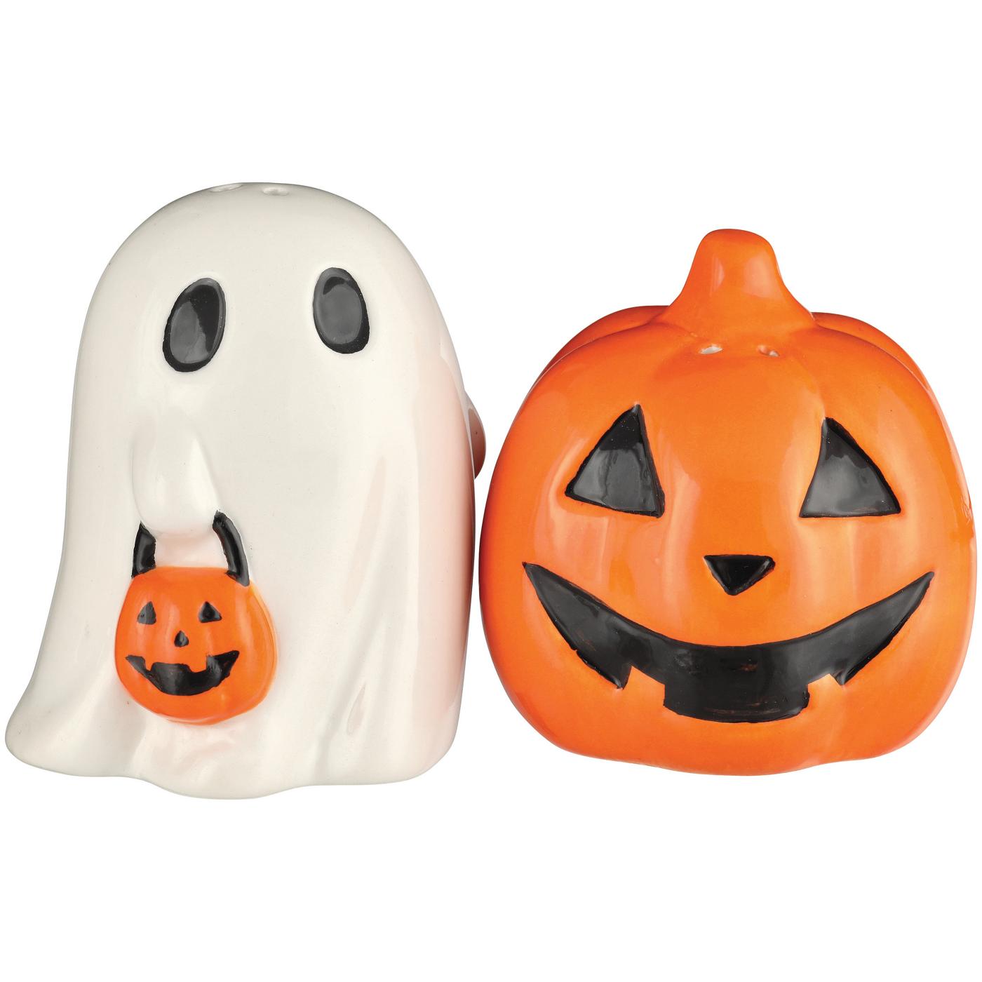 Destination Holiday Costumed Ghost & Jack-o'-lantern Ceramic Salt & Pepper Shaker Set; image 2 of 2
