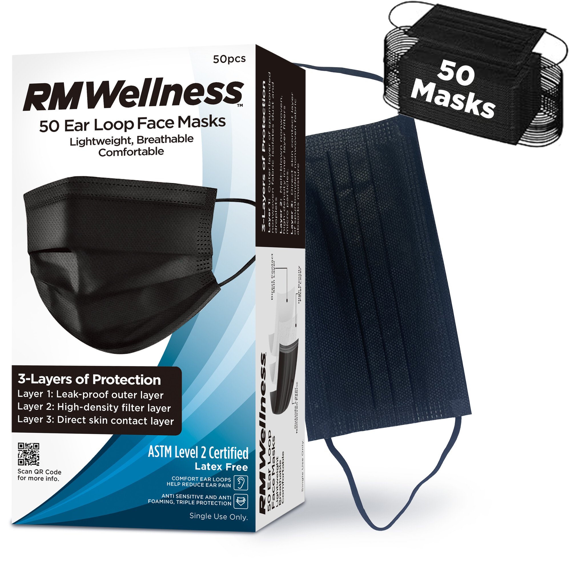 RM Wellness Disposable 3-Layer Protective Face Masks - Black, Latex Free, 50 ct