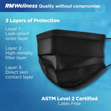 RM Wellness Disposable 3-Layer Protective Face Masks - Black, Latex Free, 50 ct
