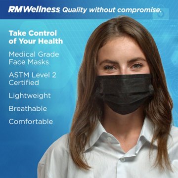RM Wellness Disposable 3-Layer Protective Face Masks - Black, Latex Free, 50 ct