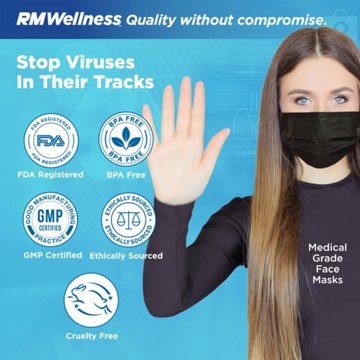 RM Wellness Disposable 3-Layer Protective Face Masks - Black, Latex Free, 50 ct