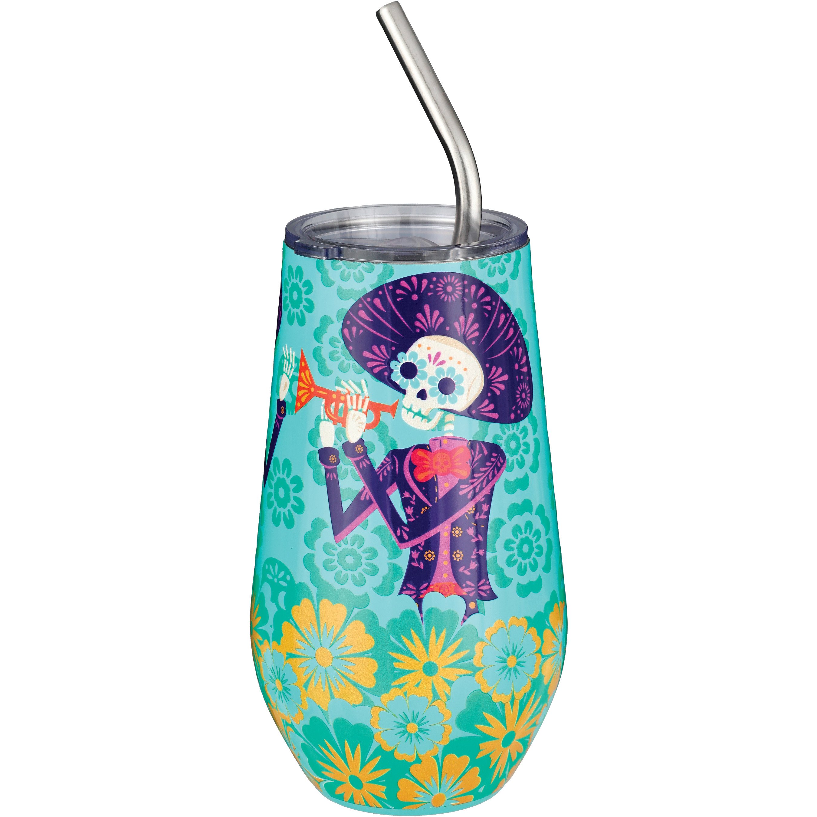 Day of the Dead or Dia de Muertos Glass Cup 16oz with straw and