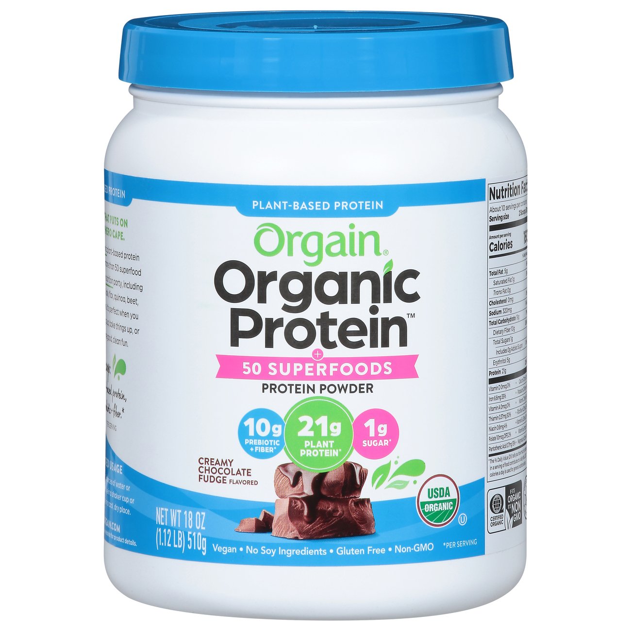 Orgain Organic 21g Plant Protein Powder + Superfoods - Chocolate Fudge, 18 oz