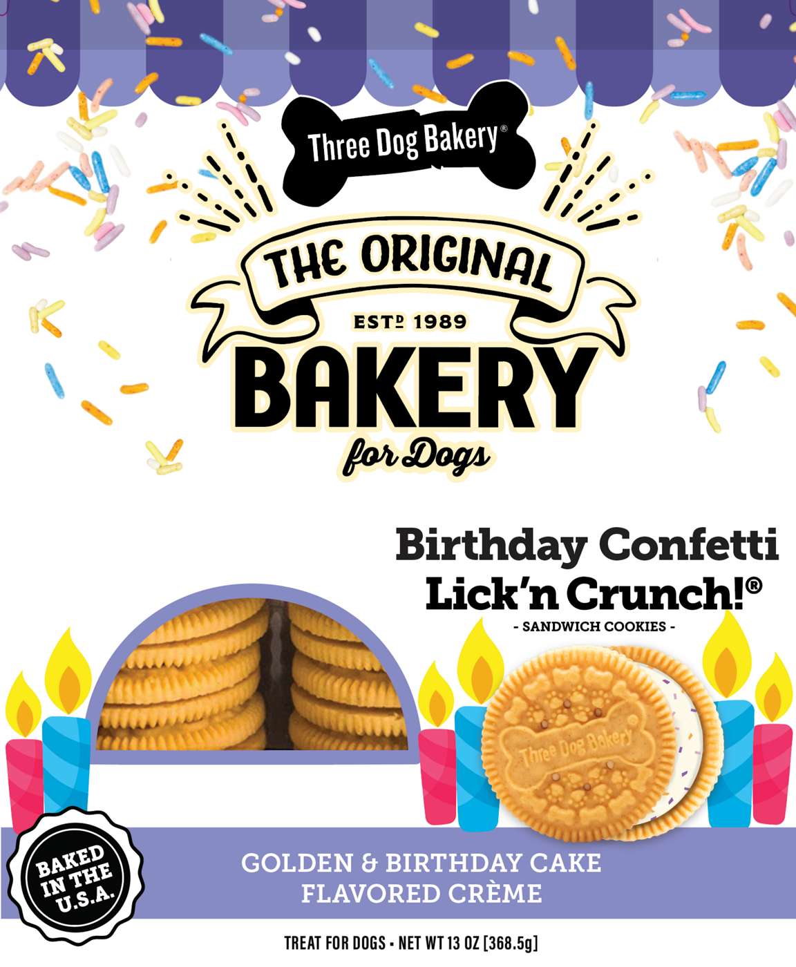 Three Dog Bakery Birthday Confetti Lick'n Crunch Sandwich Cookies Dog Treats; image 1 of 3