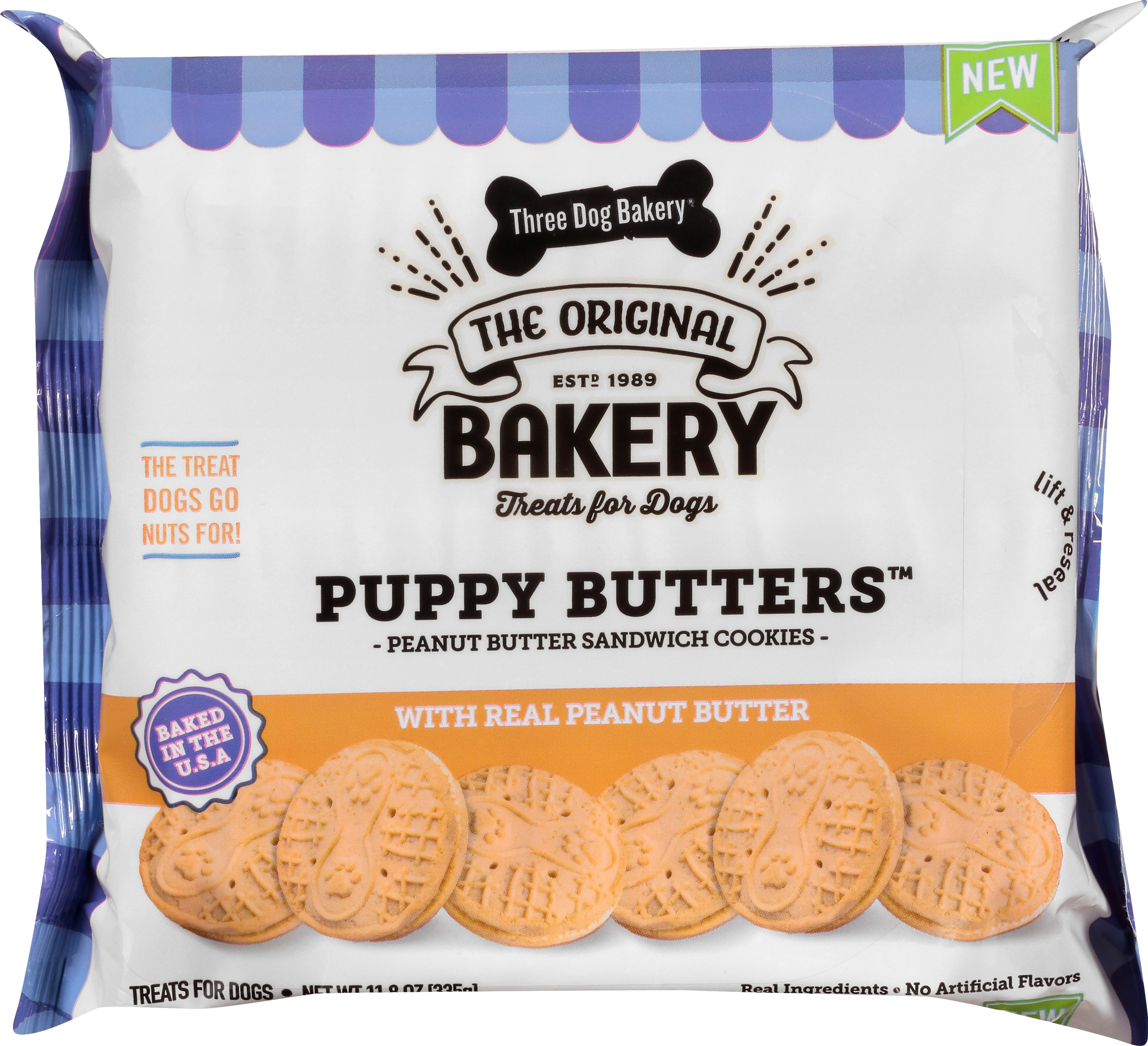 Three Dog Bakery Puppy Butters Peanut Butter Sandwich Cookies Dog Treats,  11.8 oz 