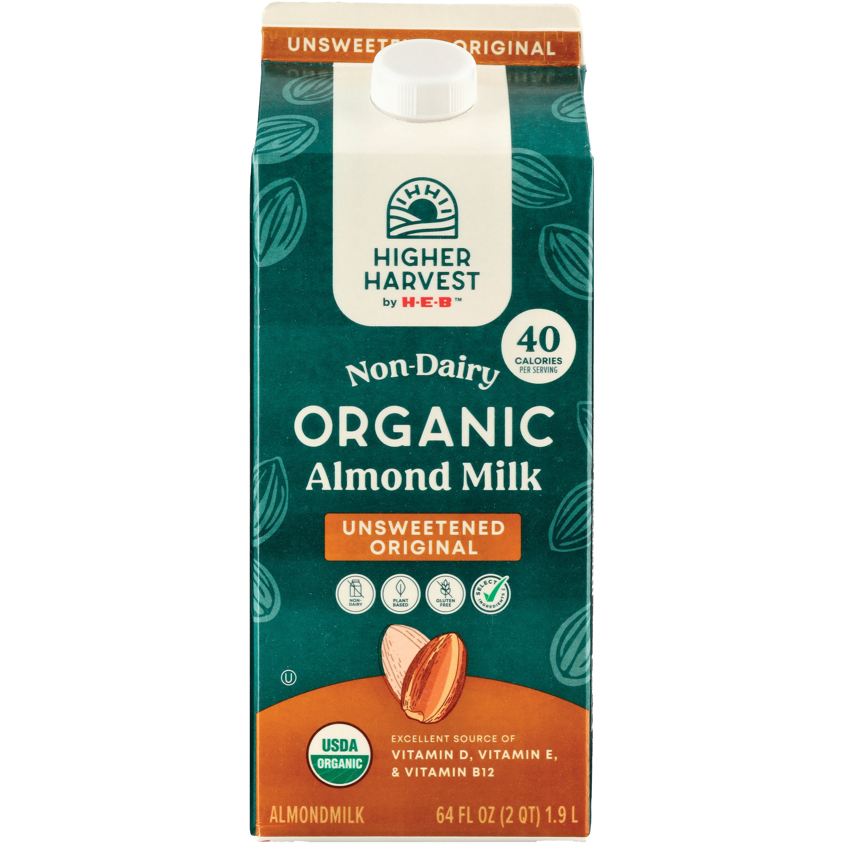 Higher Harvest by H-E-B Organic Non-Dairy Unsweetened Original Almond Milk, 1/2 gal