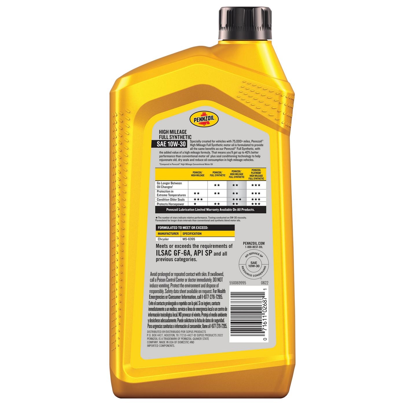 Pennzoil High Mileage Full Synthetic SAE 10W-30 Motor Oil - Shop Motor ...
